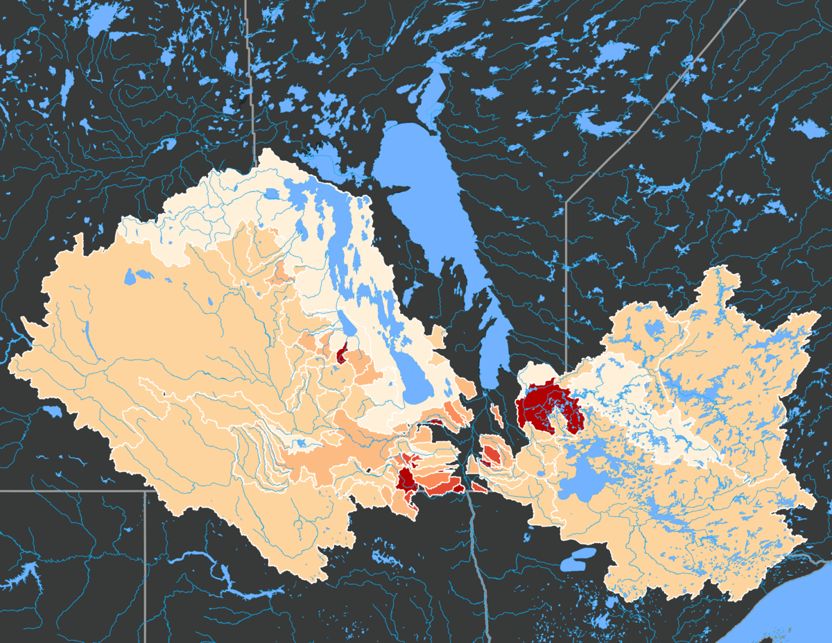 Map showing phosphorus exports from sub-watersheds throughout the Lake Winnipeg watershed in 2022.