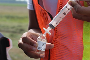 A closeup of a person filtering water through a syringe into a small vial