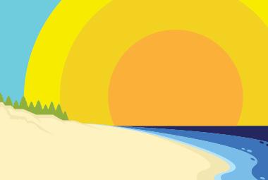A graphic depiction of a sun and lake shoreline