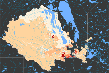 A colour-coded map showing phosphorus exports from sub-watersheds in the Lake Winnipeg watershed 