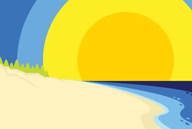 A graphic depiction of a sun and lake shoreline